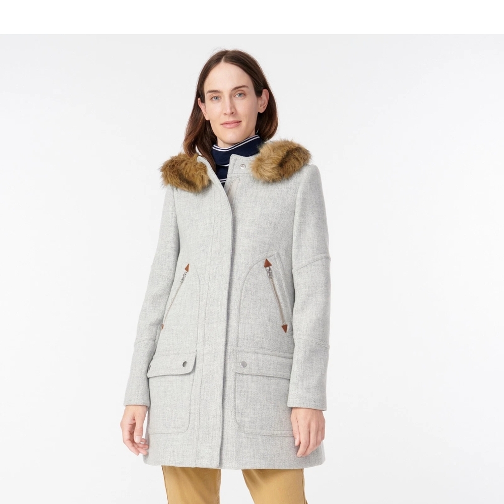 J. Crew Light Gray Pea Coat with Brown Faux Fur Trim Euc‎ Size 6